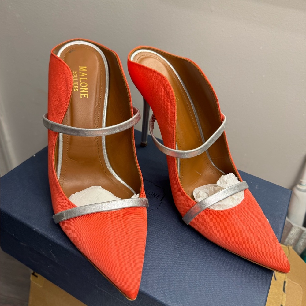 Malone Souliers Orange and Silver Heels